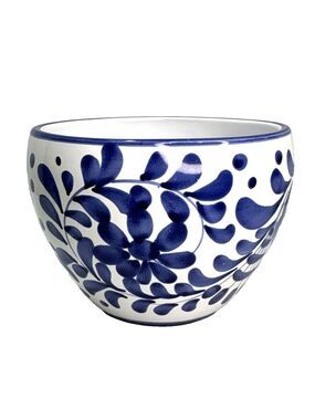 Handmade In Italy Vintage Ceramic Planter Blue White Floral Chinoiserie 6"